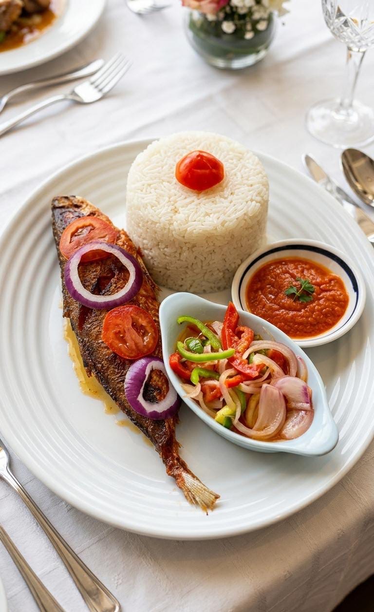 Poisson grillé avec riz blanc, sauce tomate et salade